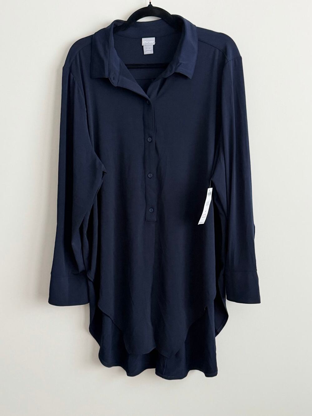 Chico’s Dark Navy Blue Long-Sleeve Collared Button-Front Tunic Top Size US 20-22